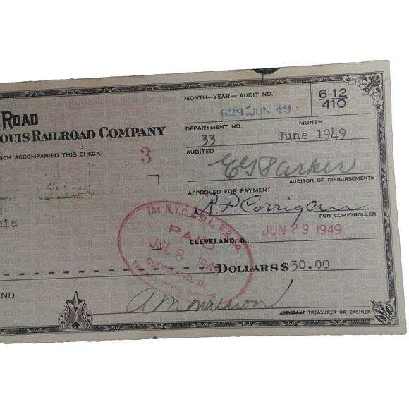 Canceled check  Nickel Plate Railroad to Walsh Neon Sign (Pennsylvania)  1949 - Picture 3 of 8